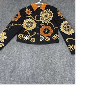 Anage Floral Embroidered Jacket Womens Medium Black Orange Art To Wear Cotton
